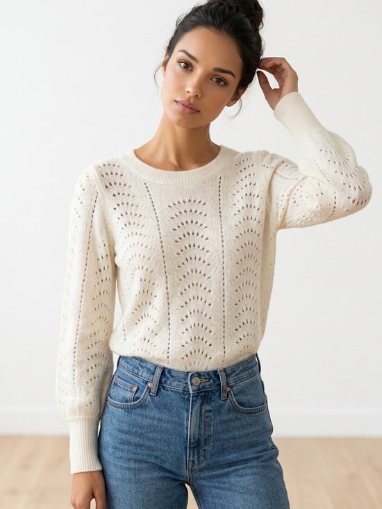 GAP Sweaters - GAP Women Ivory Pointelle Knit Crew Neck Sweater Size M Long Sleeve Eyelet Soft
